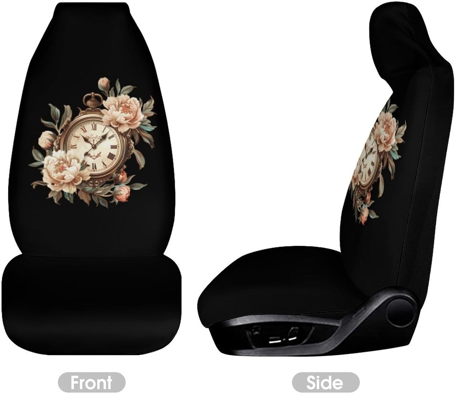 Aesthetic Clock Peony Flowers Car Seat Covers Automotive Seat Covers Car Seat Protector Auto Front Seats Protector for Most Cars 2PCS