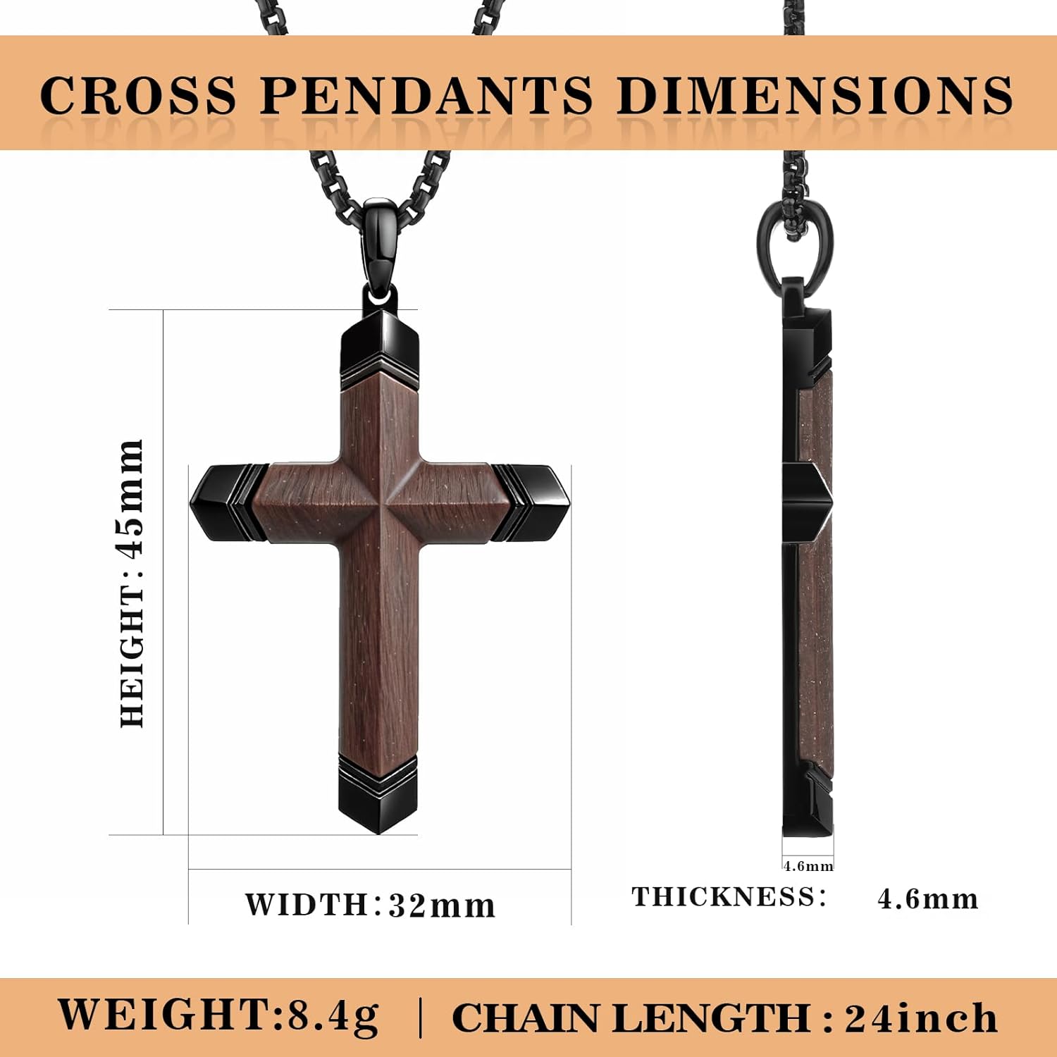 Ebony Wood Cross Necklace for Men & Women – Handmade Natural Wood Pendant with Titanium Steel Chain, Christian Religious Jewelry Gift for Baptism, Easter, Birthday – 18 20 22 24 Inch