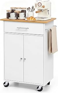 VEVOR Kitchen Island Cart with Storage, 43.7 in Wide Mobile Rolling Storage Island on Swivel Wheels, with 2 Drawers, Storage Cabinet, Spice/Towel Rack, Hooks, Table for Home Dining Room, Gray