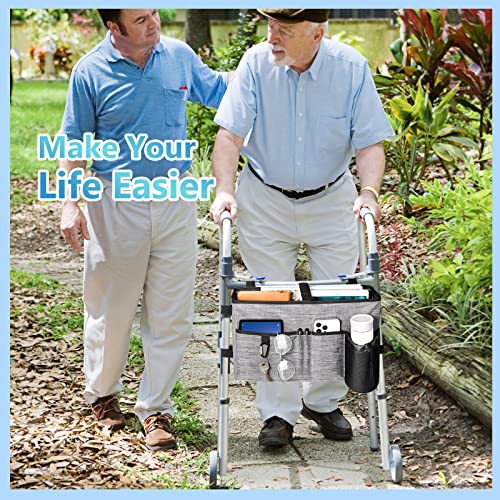 Rhino Valley Walker Bag, Multi Pockets Folding Walker Basket Tote Bag With Cup Holder, Hand-Free Carry Pouch Storage Bag For Universal Walkers, Large Capacity Organizer For Seniors Elderly, Gray #TOP6