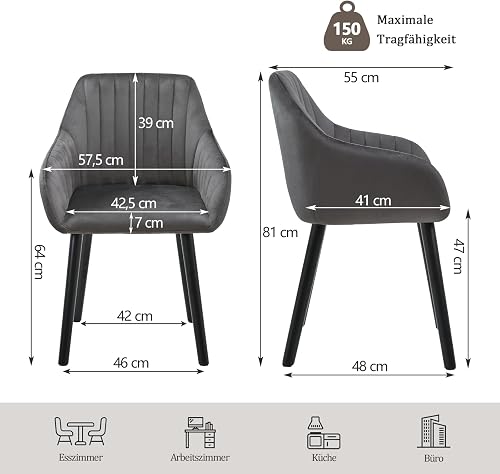 Dining Room Chairs with Armrests Set of 6 Velvet Dining Room Chairs Upholstered Chair Kitchen Chair Living Room Chair with Wooden Legs and Backrest, Dark Grey - 3