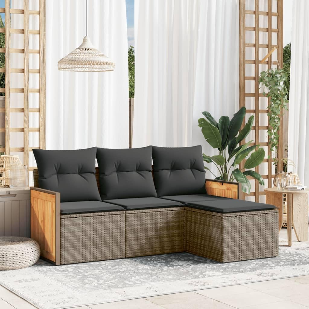 Set de sofás de jardín de ratán sintético Gris con Cojines, 4 Piezas modulares para terraza, Patio o balcón, Muebles Exteriores Resistentes y cómodos para reunión y Ocio al Aire Libre