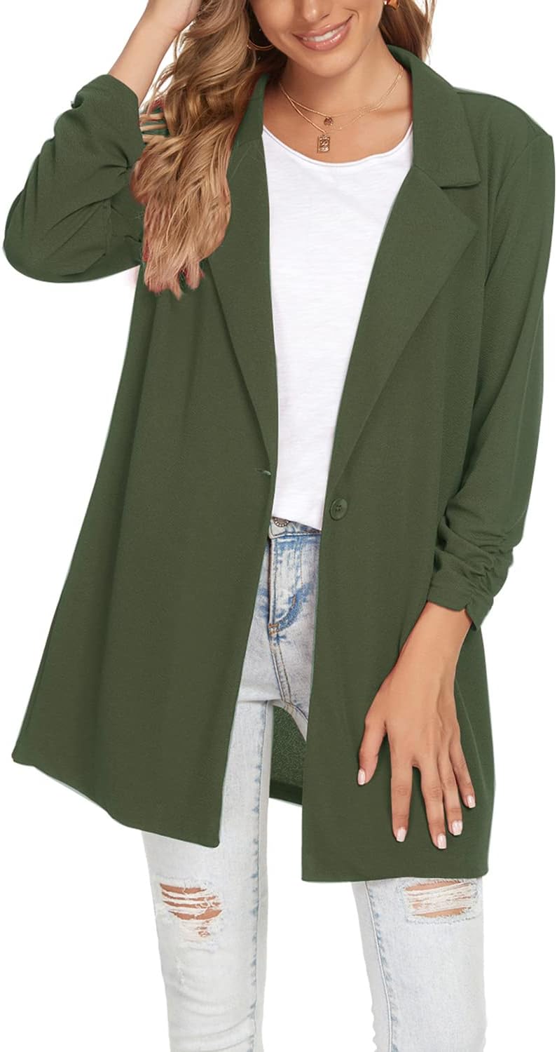 Unifizz Women's 3/4 Sleeve Stretchy Open Front Lightweight Work Office Blazer Jacket with Plus Size - Army Green, Size L