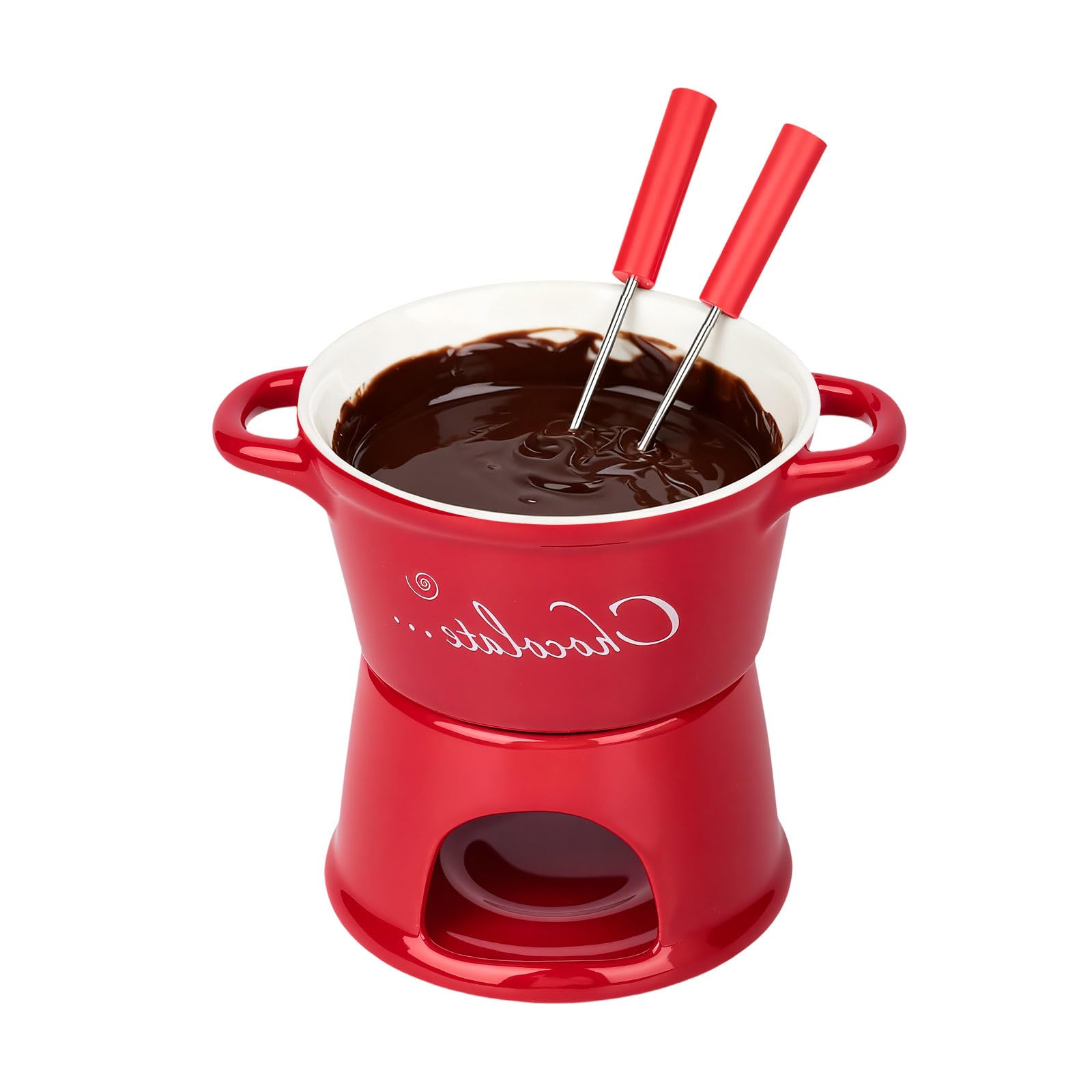 Ceramic Chocolate Fondue Mug - Melting Butter Pot with Fork, Cheese Warmer Cup, Butter Fondue Heated ๏ผNO Candle,red T๏ผ