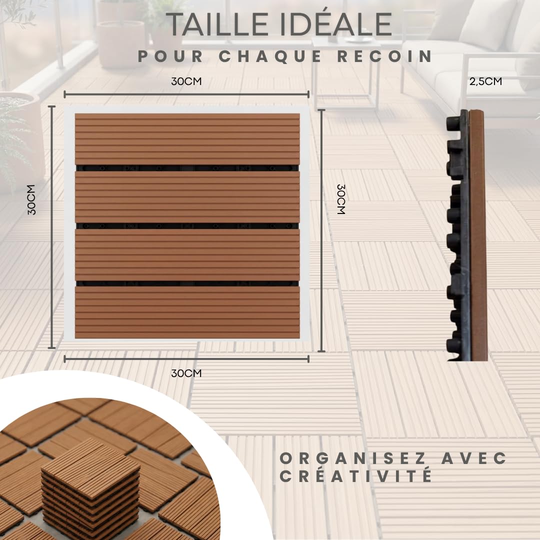 ActivoTex Dalles Terrasse WPC 30x30 cm Lot de 10 – Dalle Clipsable Extérieur Antidérapante, Sol Terrasse Extérieur et Sol Balcon Exterieur Résistant à l’Eau pour Salle de Bain et Douche