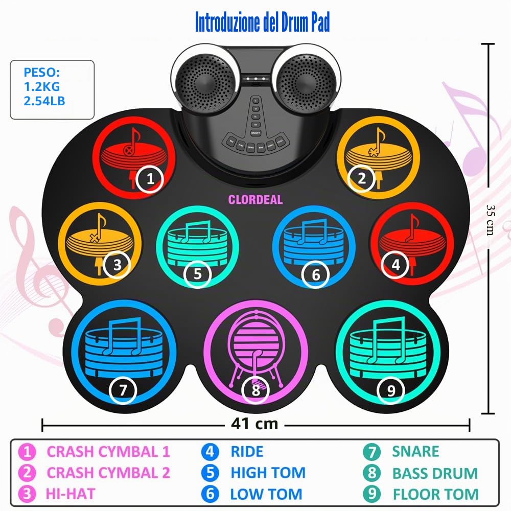 Batteria Elettronica Portatile con Bluetooth e MIDI - 9 Pads Batteria Elettrica, Altoparlanti Stereo Integrati, Batteria Ricaricabile, Ideale Regalo Natale e Compleanno per Bambini e Adulti
