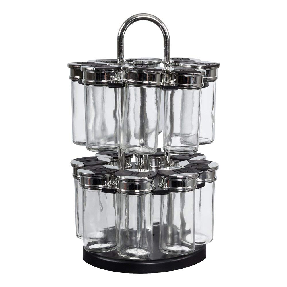 COOK CONCEPT Carosello Rotondo di 16 Vasi per Spezie con 2 Livelli, 19 cm x 19 cm x 31.5 cm, Trasparente/Nero