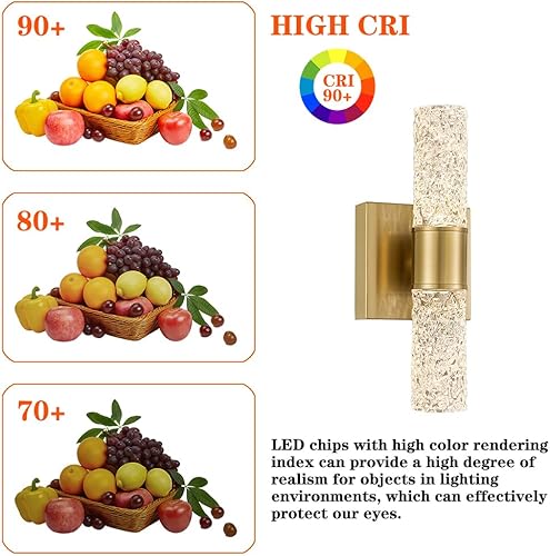 Miniatura 9 de Juego de 2 apliques de pared LED de cristal, modernos apliques de baño, juego de 2, lámpara de pared dorada para dormitorio, baño, sala de estar,