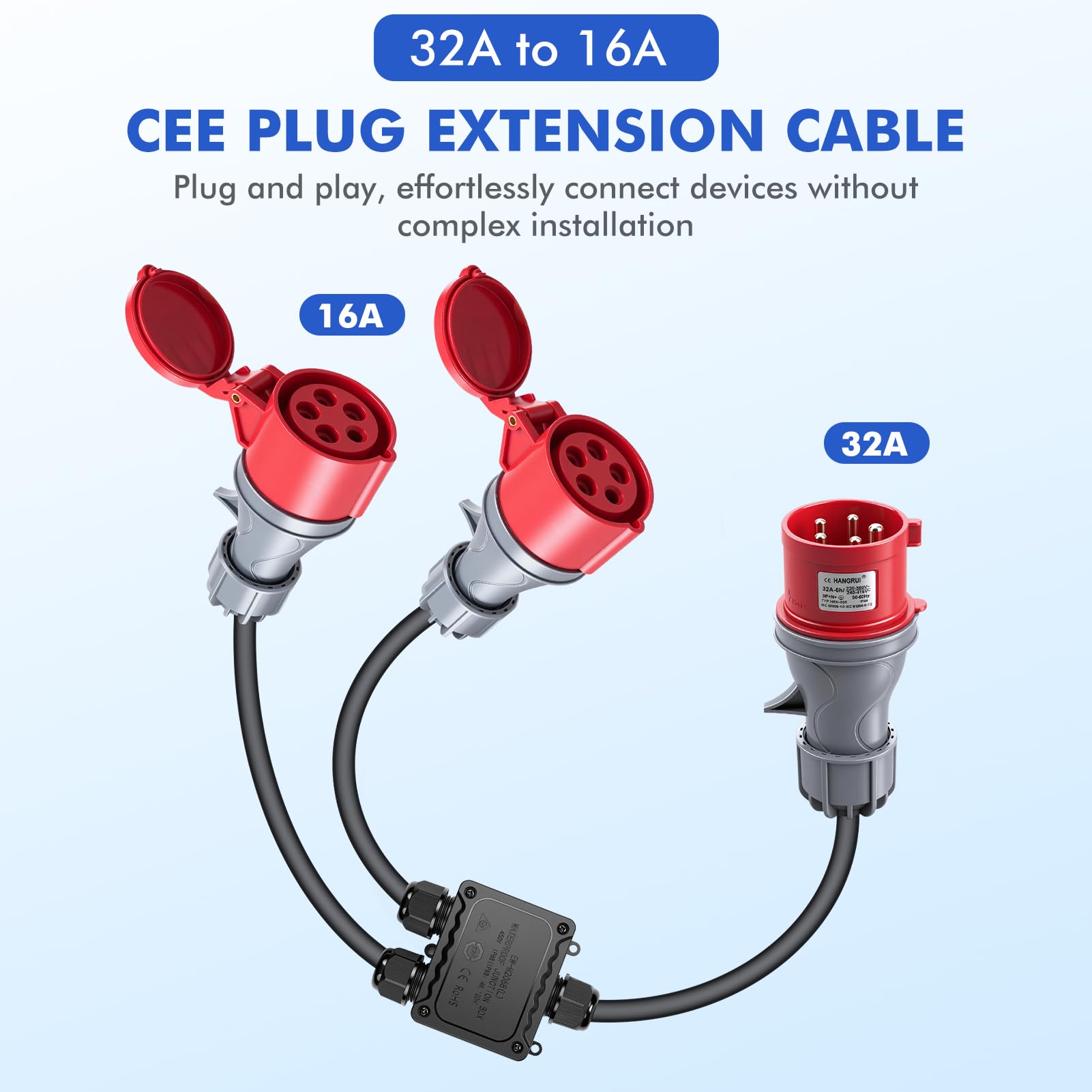 5Pin Adattatore CEE 32A a 16A ×2, Adattatore presa Industriale Lunghezza Totale 1,5m Protezione IP44, Adattatore ad alta corrente per Camper, Campeggio, Caravan, Barca, Cantiere, Uso Esterno