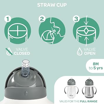 BEABA Stainless Steel Straw Sippy Cup, Insulated Toddler Cups Spill Proof with Removable Handles, Made with High Grade Stainless Steel, 8+ months, 8.5 oz, Charcoal