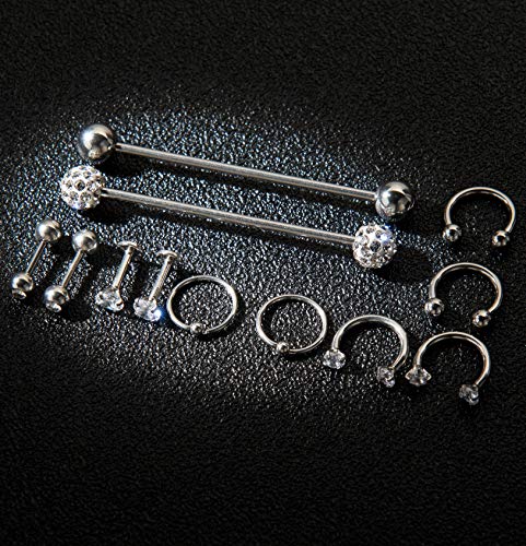 Masedy MASEDY-AP10-A 12Pcs Stainless Steel Industrial Barbell Cartilage Piercing Earrings For Women Men Hoop Helix Tragus Labret Piercing A-Silver thumb #2