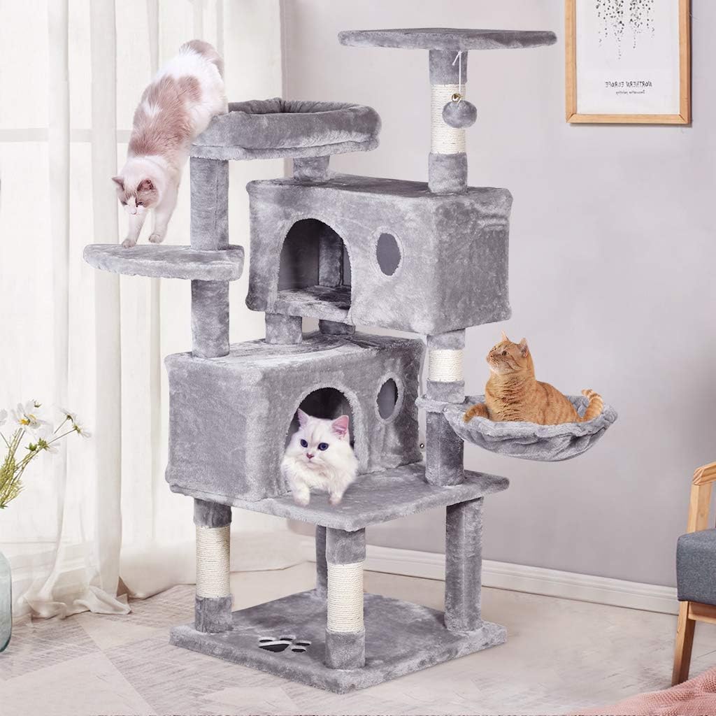 MQ Cat Tree Cat Tower for Indoor Cats, 49 Inch Cat Condo with Scratching Post, Hammock, Spacious Cat Cave & Plush Perches for Kittens, Large Cats, Small Space, Light Gray