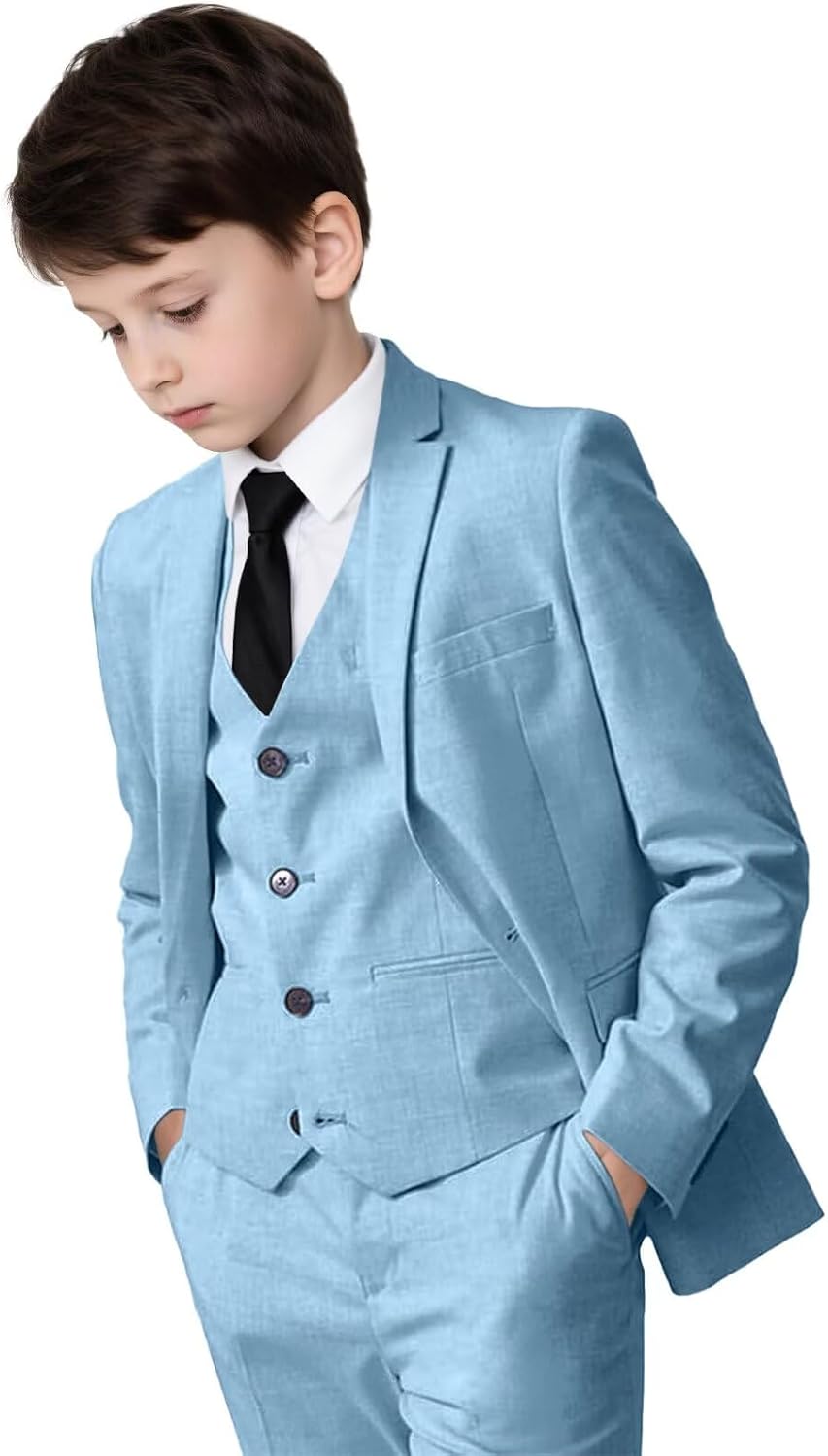 Boys Linen Suit 3 Piece Formal Tuxedo for Boys Summer Wedding Slim Fit Suit Linen Jacket Vest Pants Suits