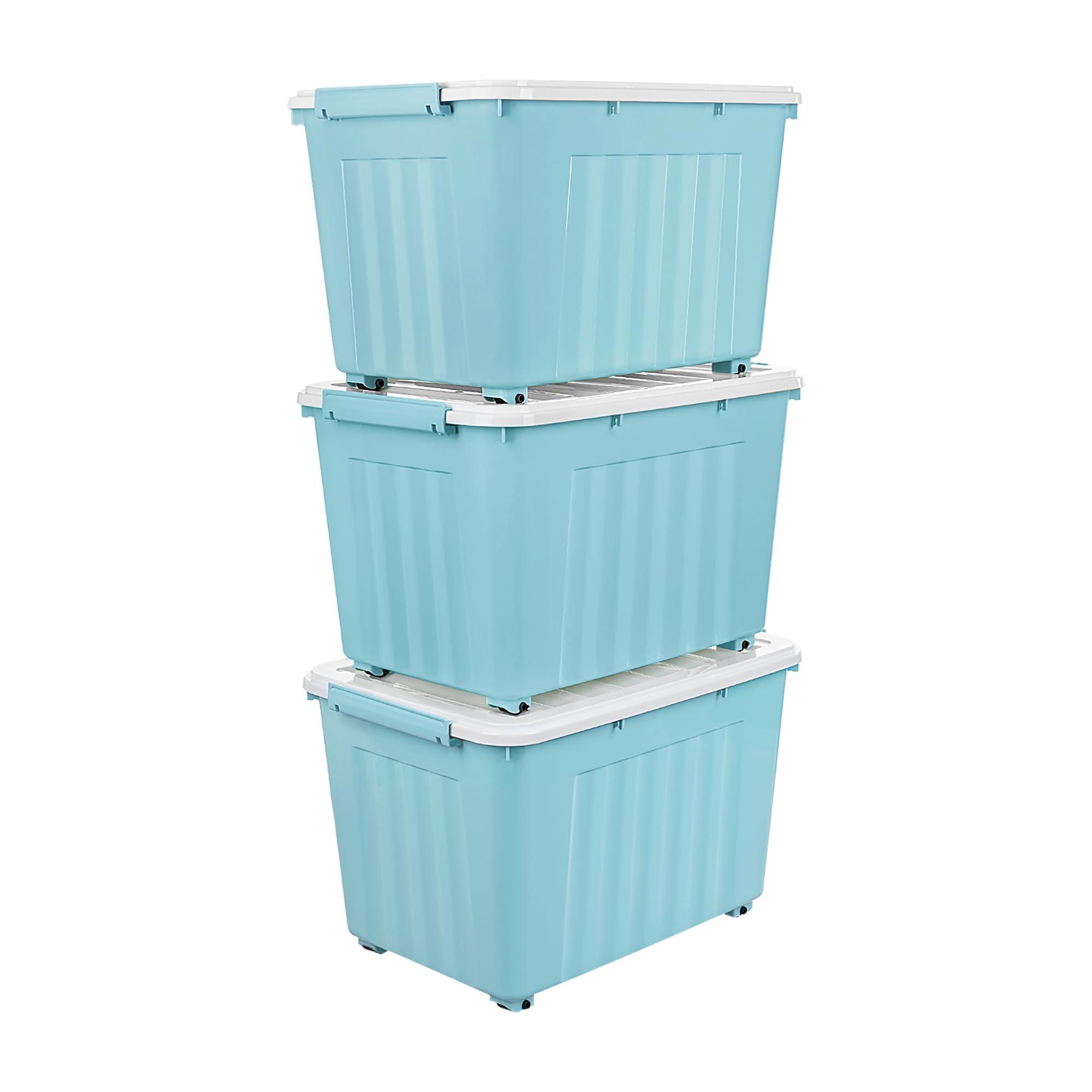 Cetomo55L*3 Storage Boxes with Wheels, Plastic Storage Box with Lid, Latching Buckles, Click Closure, Stackable, Nesting, Durable Organizer for Home Office Clothes, Blue, 55L-3 Pack