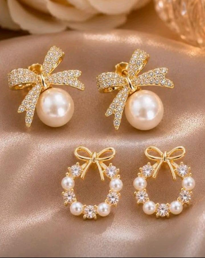 Image of Korean Style Fashion Earrings Set, Pearl and Crystal Bow Design, Women's Jewellery Accessories, 2 Pairs