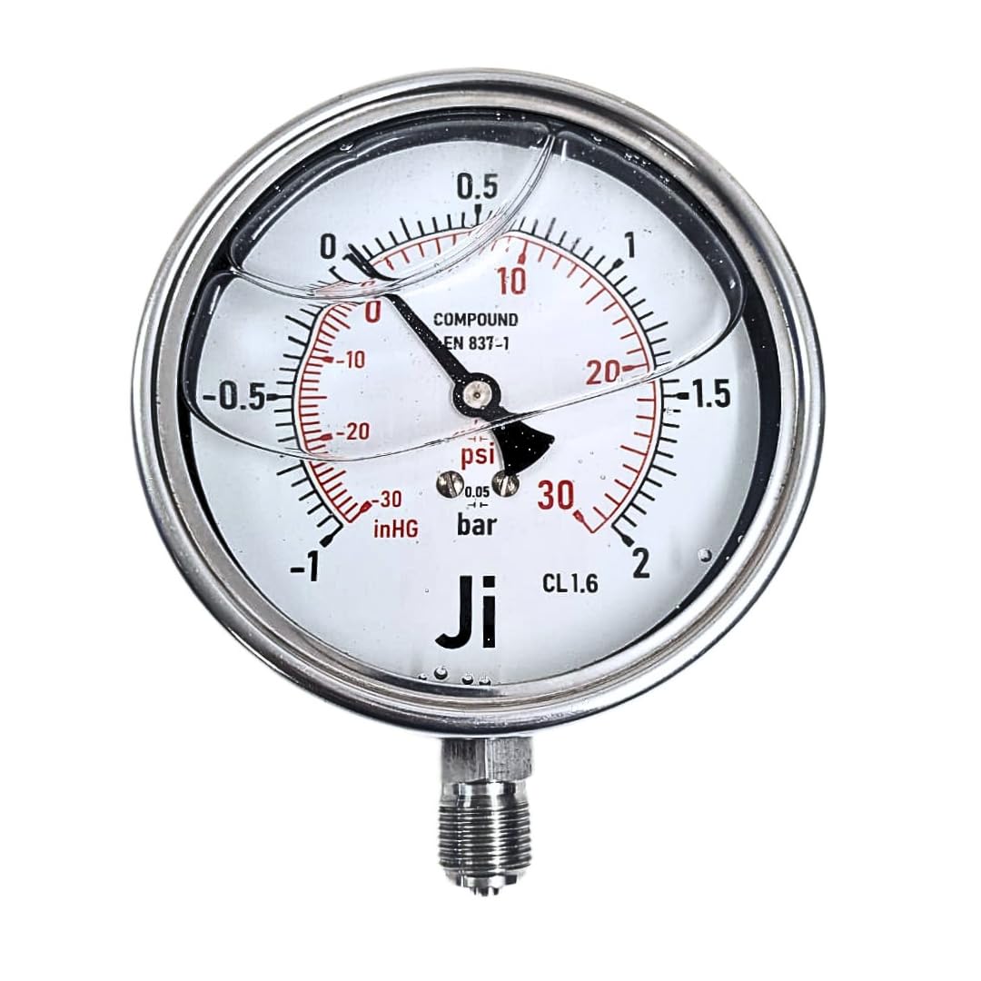 "Ji" Japsin Instrumentation Economical Compound Gauge Glycerin Filled, 4" Dial, Range -1 to 2.1 Bar With Dual Scale of -30 inHg to 30 PSI, Direct Mounting Bottom Entry, 3/8" BSP (M) Connection-image-46