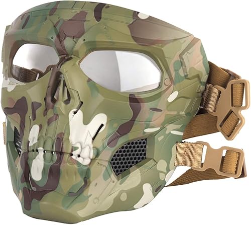 Máscara táctica ajustable Airsoft máscara protectora de cara completa Paintball equipo con gafas de Halloween máscara de esqueleto, Camuflaje Verde