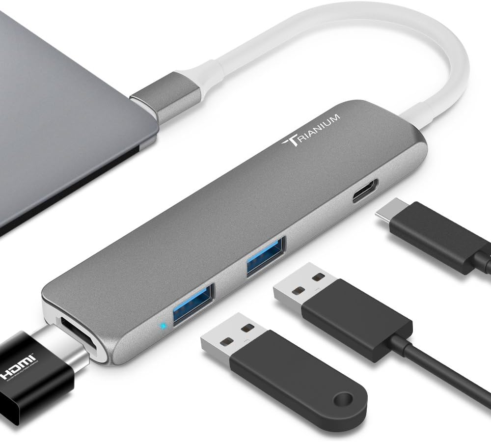 Uр Tо 40% оƒƒ USB C Hub Adapter, Trianium Aluminum Multi Port Charger Dock USB Type C to HDMI / USB C / 2 USB-A 3.0 Port [Pass-Through Charging] For Macbook Pro,Chromebook, Phone,Hard Flash Drive,Other USB C Laptop