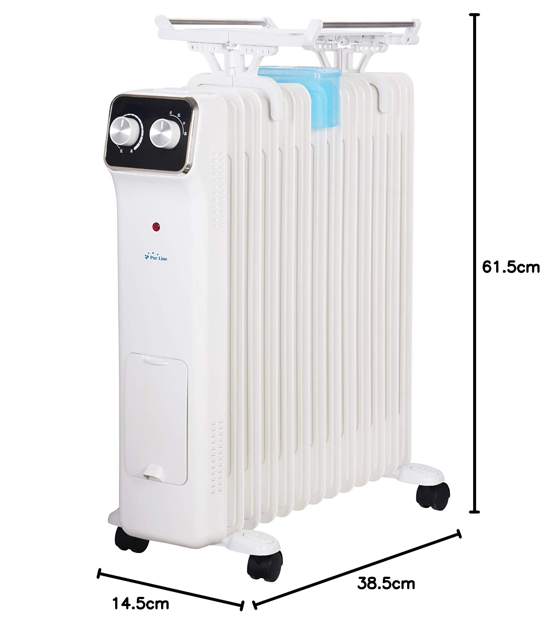 PURLINE | Radiador de Aceite 2000W, 9 Elementos, Termostato Ajustable, 3 Niveles de Potencia - Radiador de Aceite con Humidificador y Tendedero Integrados