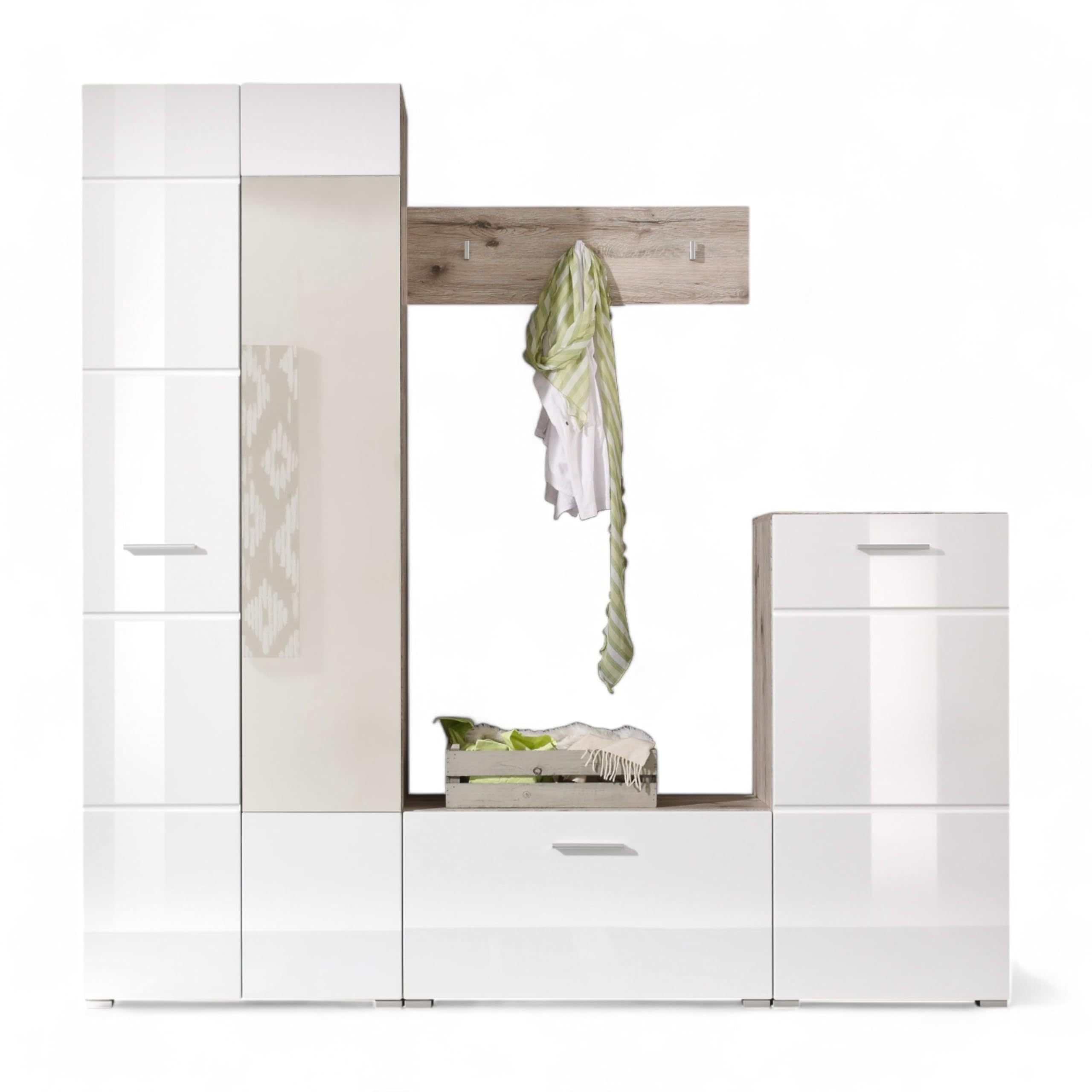 Sixx Flurgarderoben Set in Weiß Hochglanz/Sandeiche Optik - Moderne Kompaktgarderobe 4-teilig für Ihren Eingangsbereich - 195 x 195 x 36 cm (B/H/T)