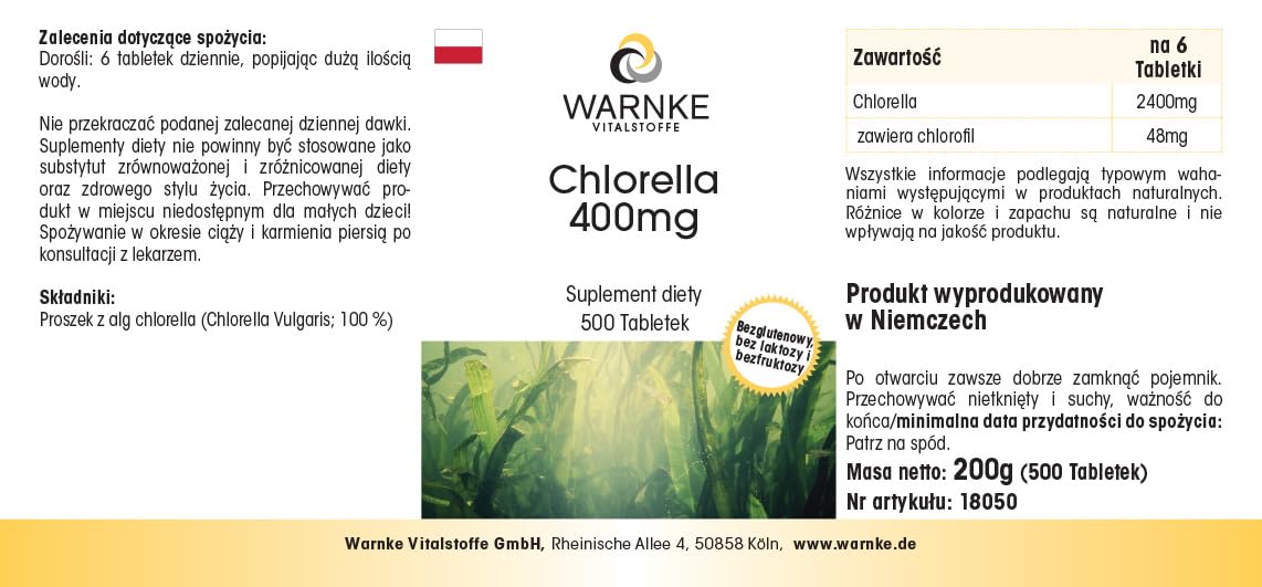 Chlorella 400 mg - 500 comprimés - faciles à avaler - poudre d'algue Chlorella vulgaris - avec chlorophylle - végétalien - grand format | Warnke Vitalstoffe - Qualité pharmaceutique allemande