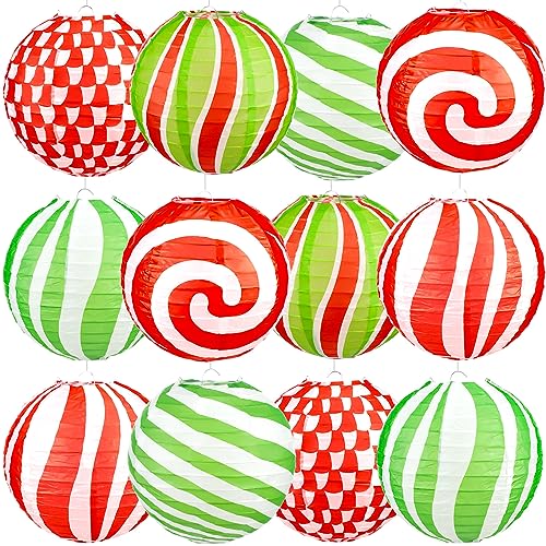 Image of Panelee 12 Pcs Christmas Peppermint Paper Lanterns 8 Inch Red Green White Candy Canes Hanging Round Paper Lanterns Holiday Xmas Party Decorations for Home Classroom Ceiling