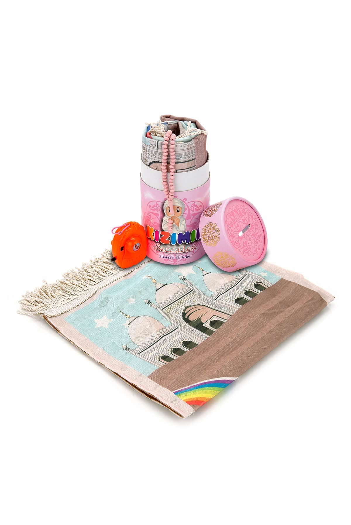 Yase Crafts Kids Prayer Rug | Prayer Rug for Children | Elegant Gift Box, Taffeta Fabric, Turkish Design, Portable Prayer Mat, Islamic Ramadan Gifts Set, Janamaz Sajadah - Prayer Beads (Pink)