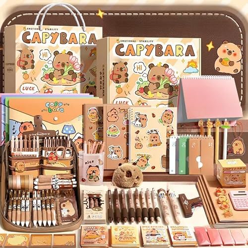 カピバラ グッズ 文房具セット ギフトボックス ペンケース 蛍光ペン ボールペン ルーズリーフ ノート 単語帳 筆立て 修正テープ 付箋 計算機 可愛い 学用品セット 学生 (B)