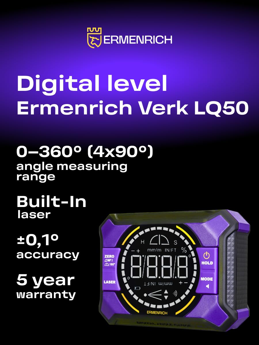 Verk LQ50 Livella Digitale con Laser Integrato Display LCD Precisione ±0.1° Compatta Leggera Spegnimento Automatico Batteria Li Ion Pulsante Hold per Edilizia e Fai da Te
