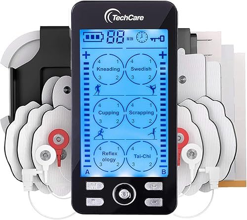 TechCare TENS EMS Muscle Stimulator – Dual Channel Rechargeable Unit with 24 Modes & 20 Intensity Levels for Pain Relief, Back & Sciatica Therapy,