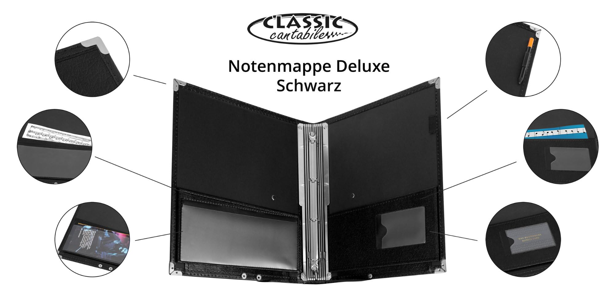Classic Cantabile Notenmappe Deluxe - Chormappe für Musiknoten - Notenordner aus Kunstleder - Für Notenblätter bis DIN A4 - Musikordner mit Innentasche - Registermappe mit Schutzecken - Schwarz