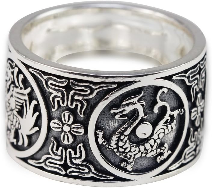Moon Wings Solid Sterling Silver Vintage Dragon, Tiger, Bird and Turtle Totem Mens Ring