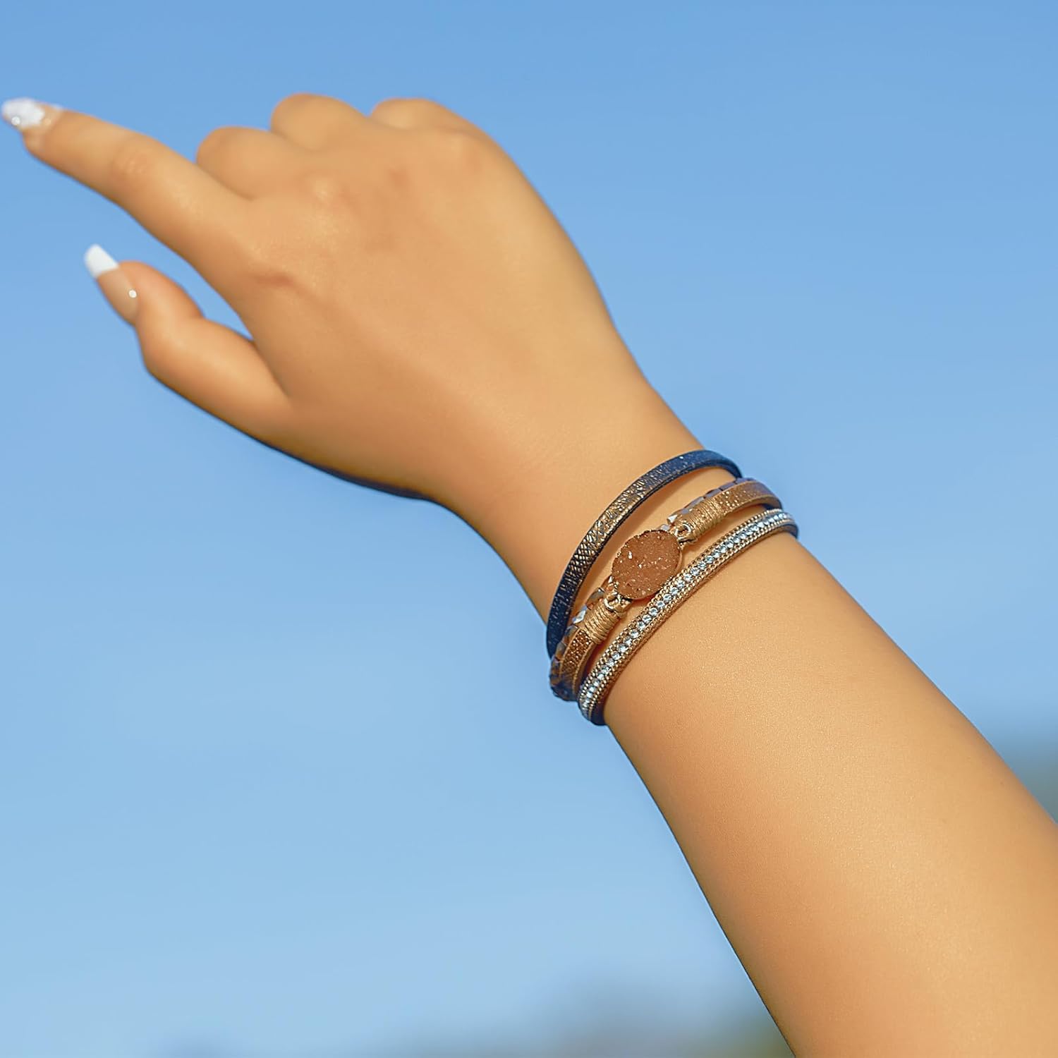 FANCY SHINY Boho Leather Wrap Bracelet Stackable Chunky Crystal Cuff Bracelets Western Jewelry Summer Beach Outfits for Women - Image 2