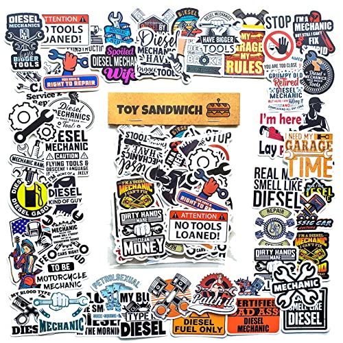 50 pcs Diesel Mechanics Vinyl Sticker Pack- Vintage Man Cave Stuff for Garage and Men Room Decor, Use As Tool Box Stickers, Hard Hat Welding Helmet Stickers or Car Truck Window Decals (Matte Finish)