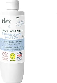 Naty Mousse de Bain Bébé 240 ml – Non irritant pour les yeux, Sans Parfum, 98% d’Origine Naturelle, Vegan, Certifiée COSMOS Natural, Pour Peaux Sensibles, Sans SLS/SLES, Flacon Recyclé
