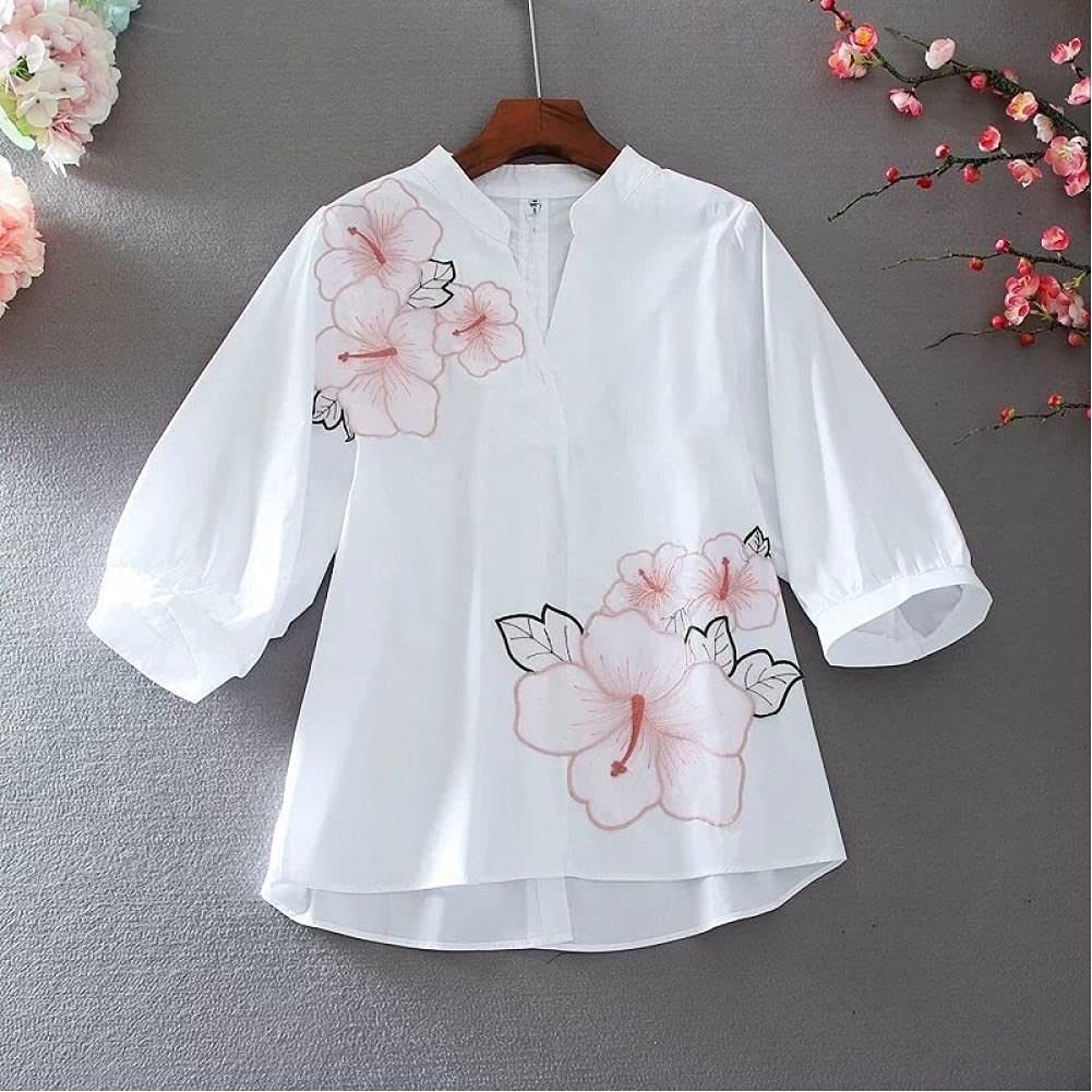 Tunic White Shirt Women Chiffon Floral Embroidery Blouse V