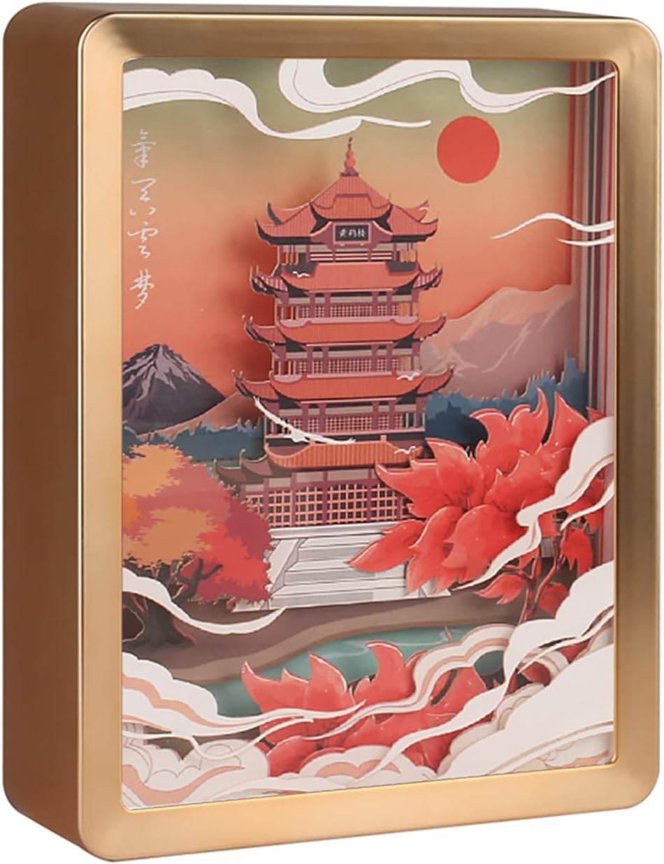 3D Paper Carving Lamp Papercut Light Box,Night Light,Yellow Crane Tower,Artwork for Decoration,Paper Art (White)