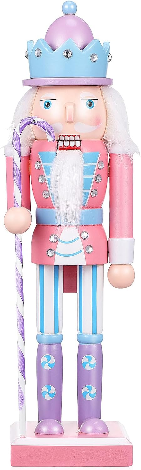 Garneck Christmas Pastel Pink Nutcracker with Cane Nutcracker Ornament Candy Themed Wooden Nutcracker Figurine Holiday Decorations for Xmas Tabletop and Shelves