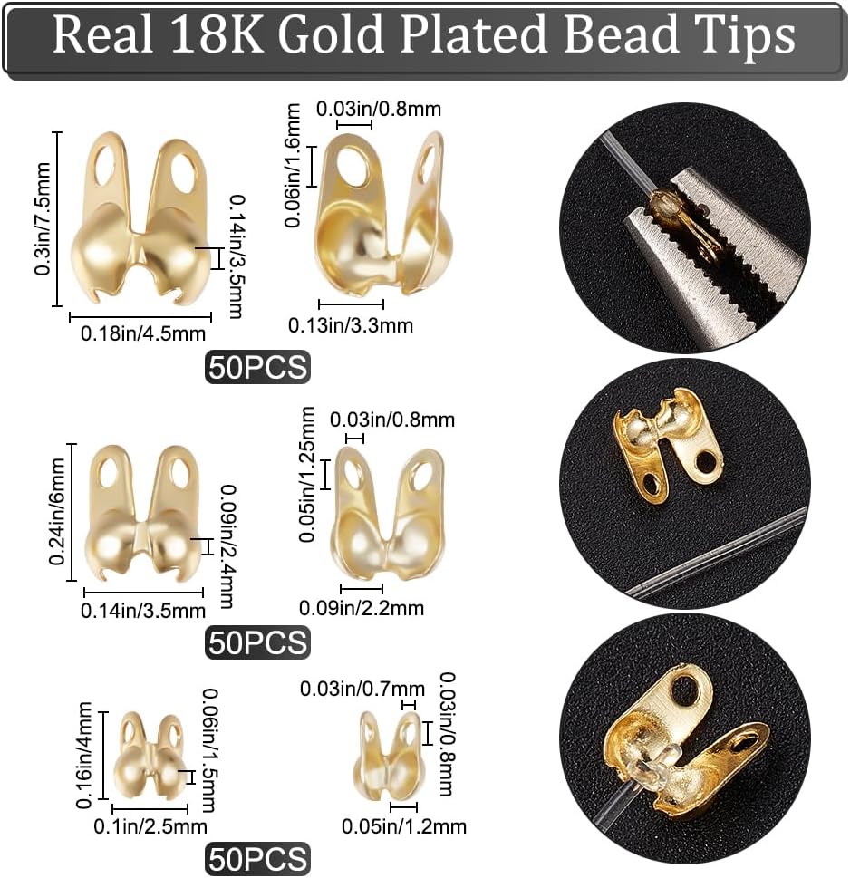 Beebeecraft 1 Box 150Pcs Bead Tips 18K Gold Plated Brass 3 Size Knot Covers Clamshell End Cap Crimps Beads Ball Chain Connector Clasp for Jewellery Craft Making, 1.2~3.3mm Inner Diameter