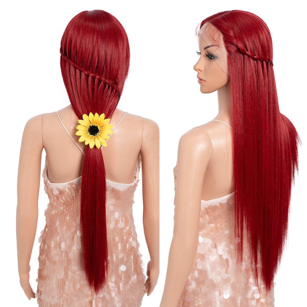 Style Icon 32-Inch Long Straight Wig Mid-Part Lace Front Silky Smooth Synthetic Red Wig
