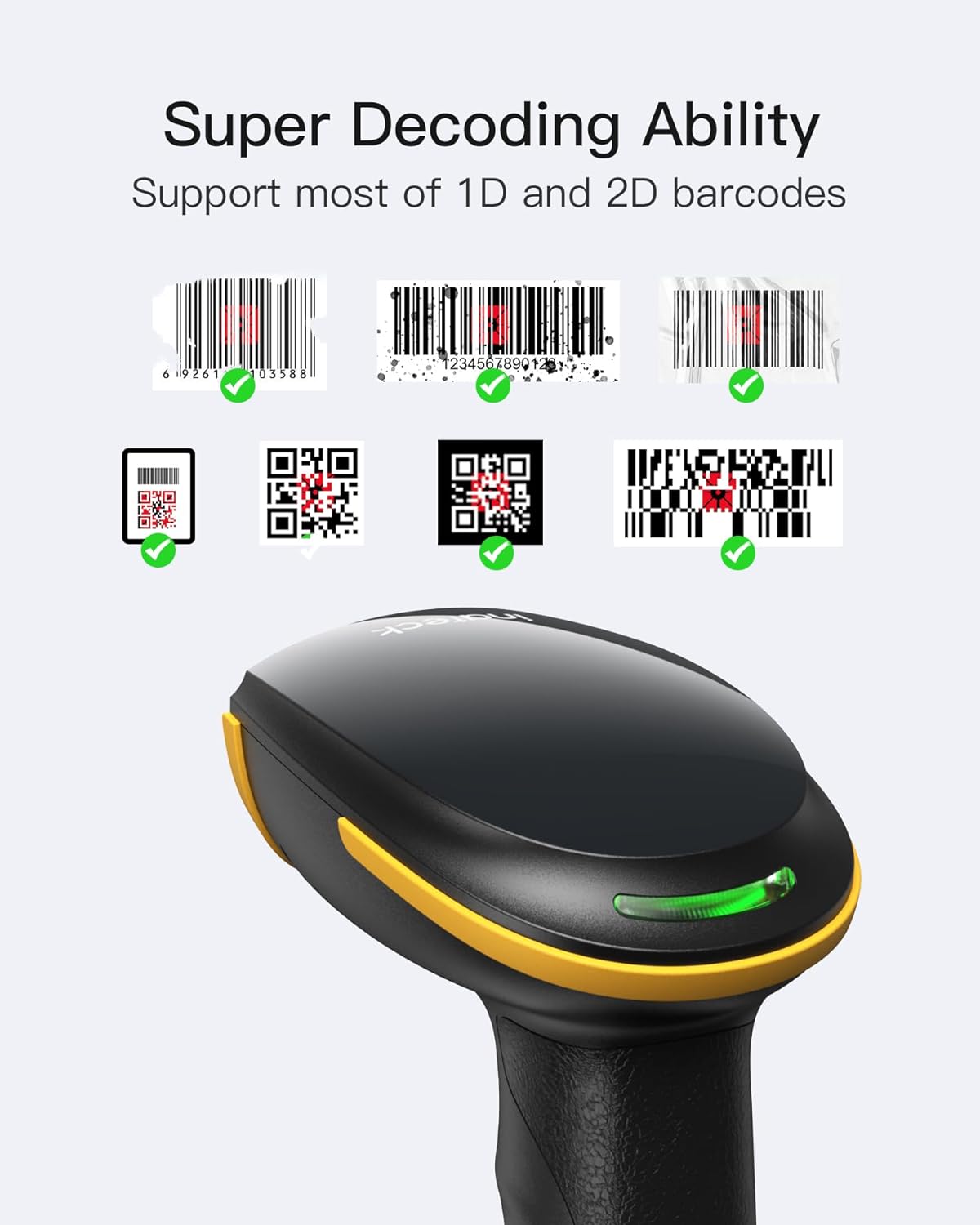 Inateck Bluetooth Barcode Scanner, 1D 2D QR Code Scanner Wireless with 2.4G, Bluetooth, and USB 3-in-1, 2600mAh Battery, Includes APP and SDK, Support Screen Scanning, BCST-23 Black