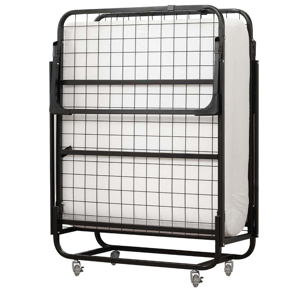 Affordable Folding Bed with Mattress, Foldable Guest Bed. Comfort and Convenience, great value ,Easy to Store Rollaway Bed with Fold-up Metal Frame for Study, Bedroom, Living Room, Office 190*79*40cm