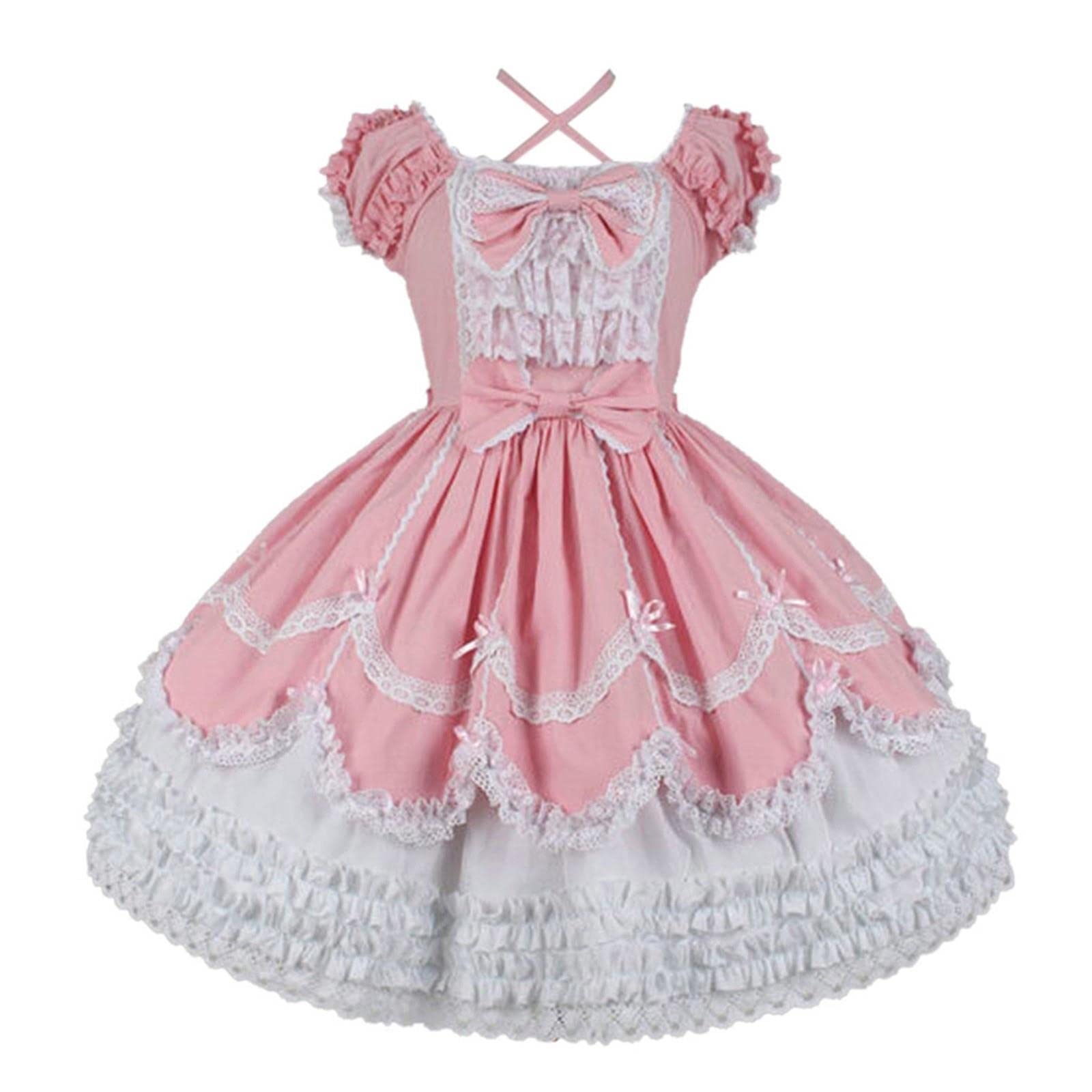 Japoński styl lolita kobiety sukienka w stylu Vintage gotycka kokarda koronkowa falbana z krótkim rękawem Patchwork sukienek Cos kostium