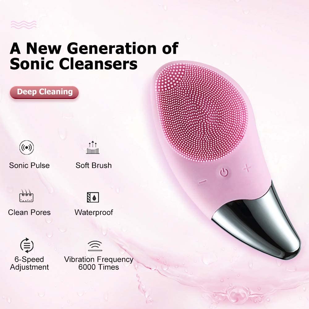 OWYELO Spazzola Pulizia Viso in Silicone, Massaggiatore Viso e Occhi Anti-età, Detergente Viso Professionale, Scrub Viso, Impermeabile, Elettrica, Ricaricabile USB, 6 Modalità Regolabili, Rosa