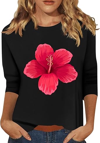 HTHLVMD Womens 3/4 Length Sleeve Tops 2025 Fall Fashion Floral Print Crewneck Causal Trendy Tunic Tops for Women