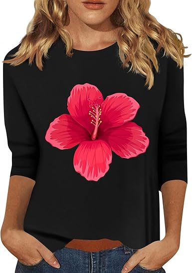 HTHLVMD Womens 3/4 Length Sleeve Tops 2025 Fall Fashion Floral Print Crewneck Causal Trendy Tunic Tops for Women