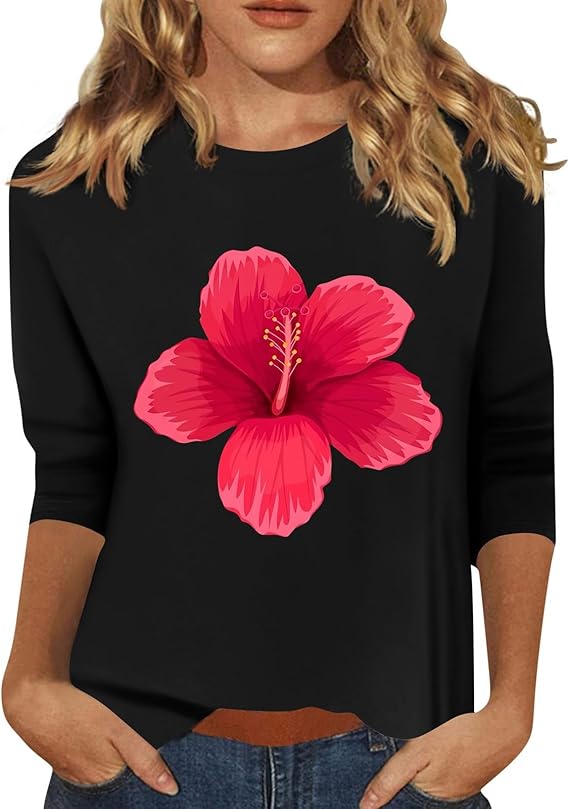 HTHLVMD Womens 3/4 Length Sleeve Tops 2025 Fall Fashion Floral Print Crewneck Causal Trendy Tunic Tops for Women