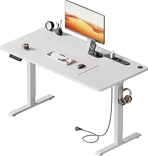 HLONONE Height Adjustable Desk with USB Charging Port and Socket, 120 × 60 cm Electric Desk, Adjustable Computer Desk with 3-Function Memory, White