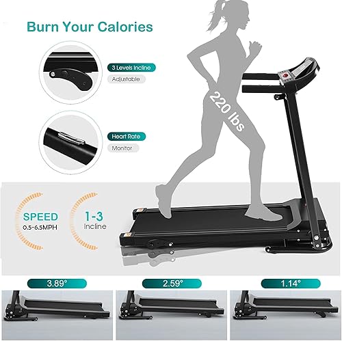 Miniatura 5 de Caminadora plegable con inclinación, cintas de correr portátiles con 3 inclinaciones manuales ajustables, sensor de frecuencia cardíaca y pantalla