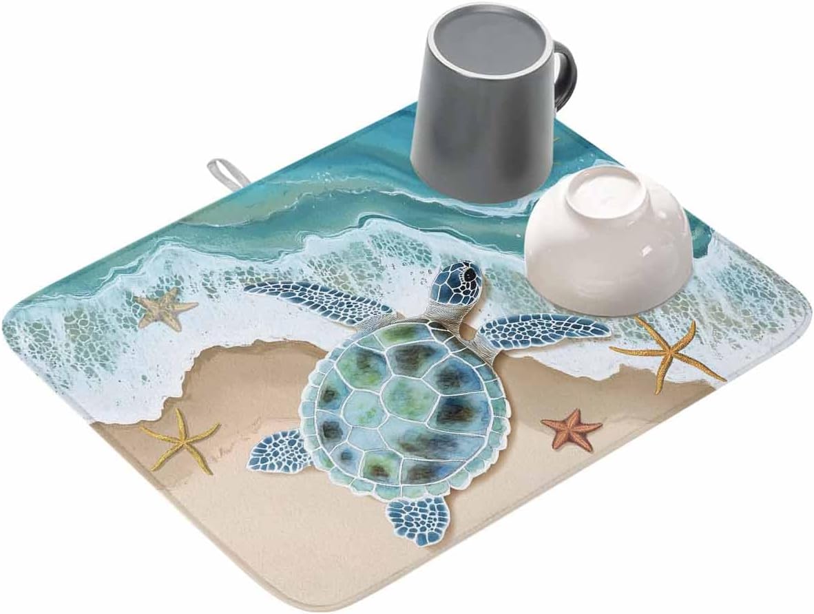 Ocean Turtle Beach Drying Mats for Kitchen Counter 2 Pcs, Starfish Spray Microfiber Absorbent Dish Drainer/Rack Mat,Reversible Hangding Quick Drying kitchen Decor,16x18 Machine Washable